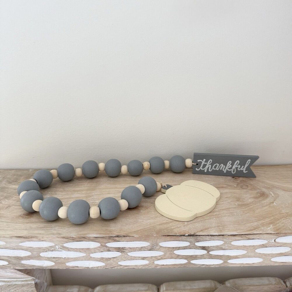 Thankful And Pumpkin Fall Beaded Garland Gray And Cream